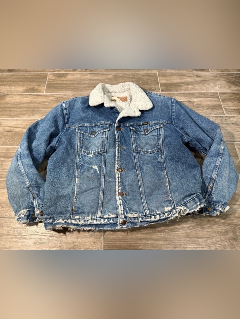 VINTAGE Wrangler Sherpa Lined Denim Trucker Jacket Large Western Distressed